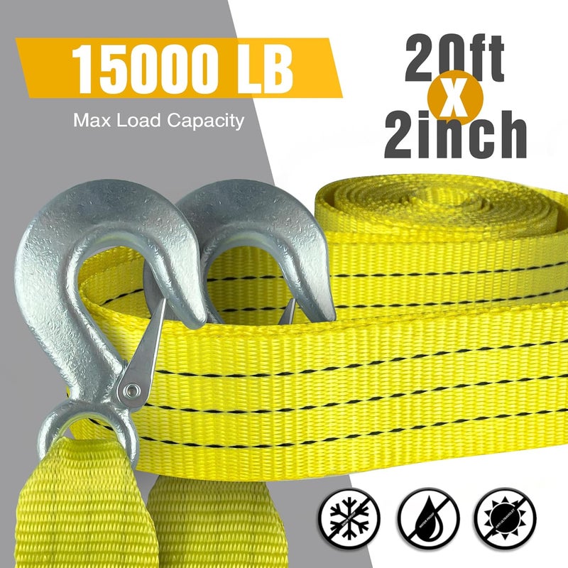 Digank Tow Strap with Hooks 2”x20’ 15,000 LBS, Tow Rope Metal Safety Hooks, Car Heavy Duty Recovery Rope for Trailers, Securing Items, and Farm Cleaning - Image 3